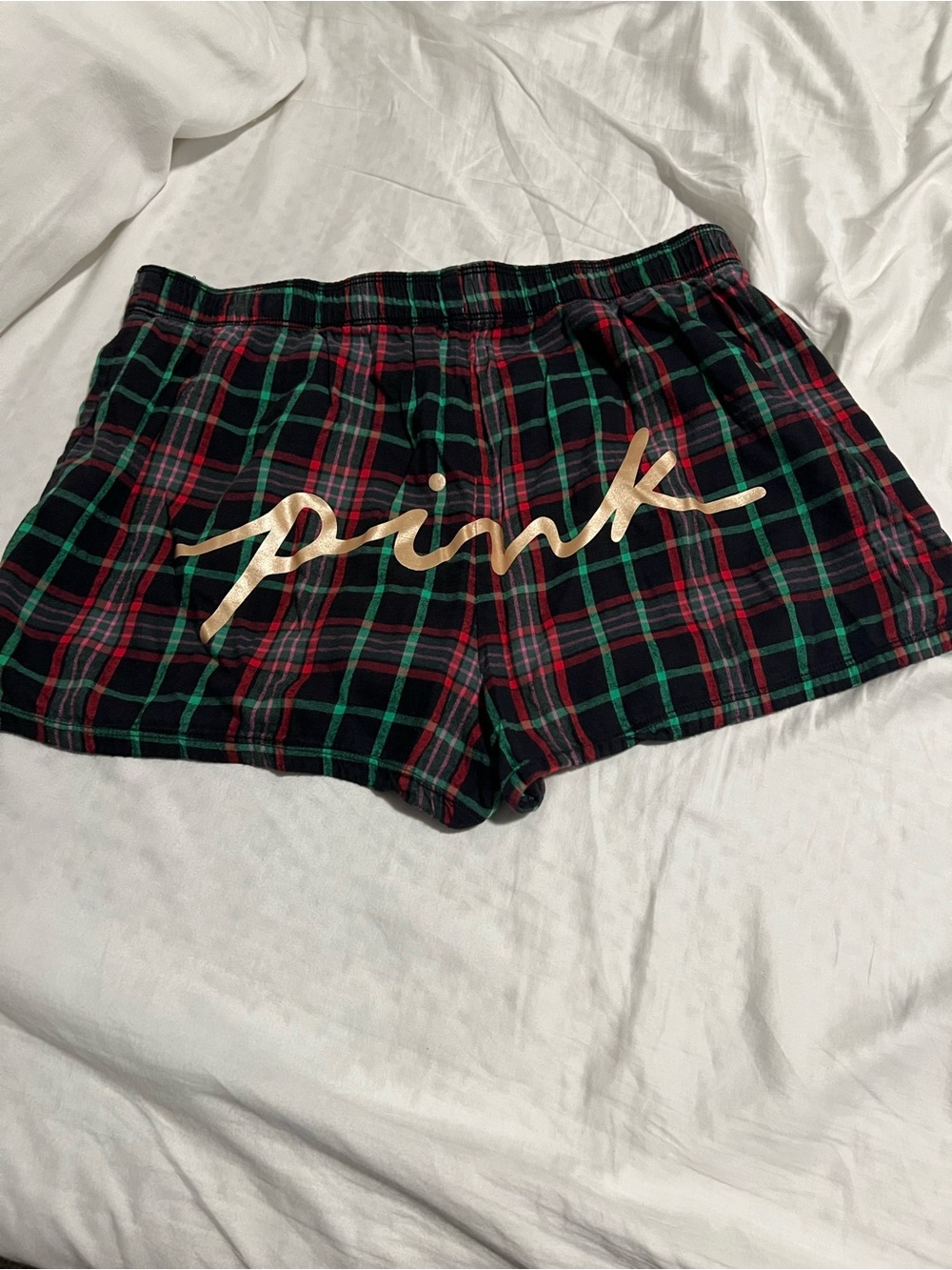 PINK Victoria's Secret Red & Green Plaid Lounge Shorts with Gold Script
